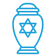 A blue line drawing of a urn