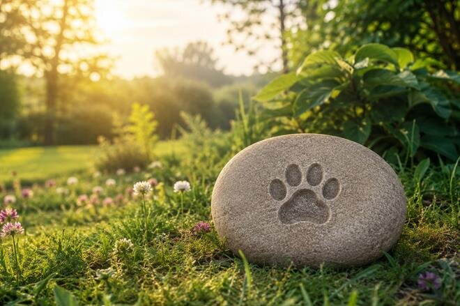 A rock with a paw print on it