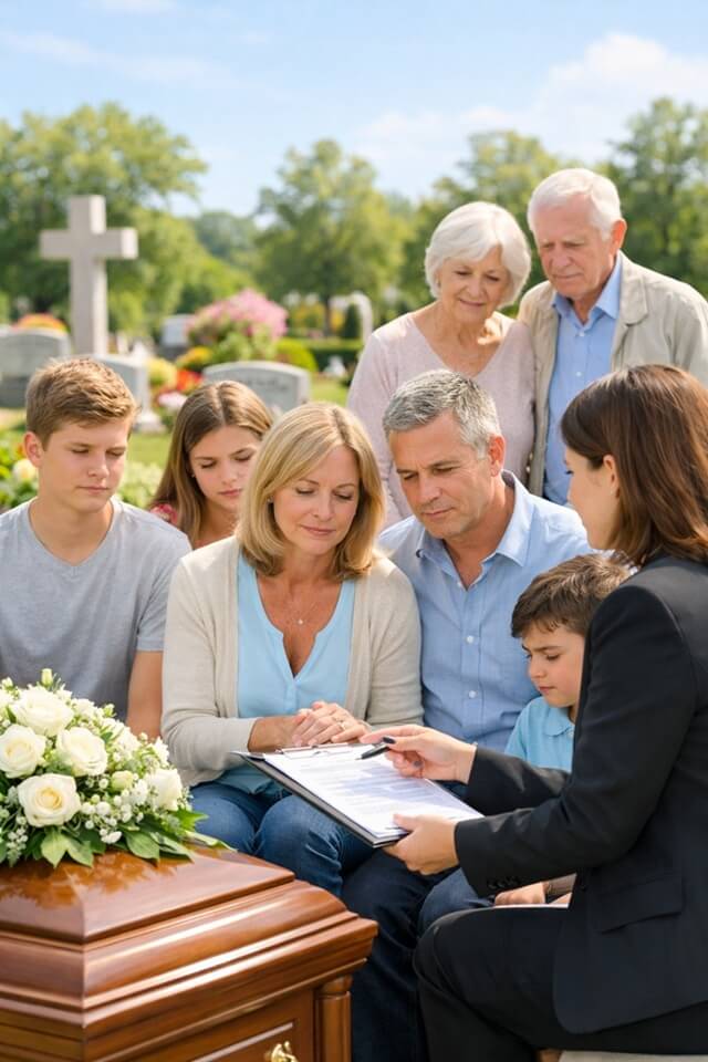 a family with relatives planning a funeral service