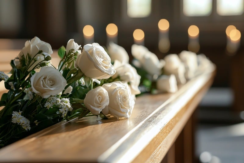 White roses on polished wood in a chapel setting for Lakewood Ranch, FL funeral services