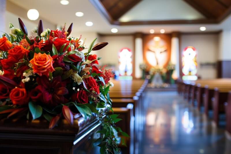 Chapel floral display for Hoffman Estates, IL Funeral Services with pews and stained-glass altar