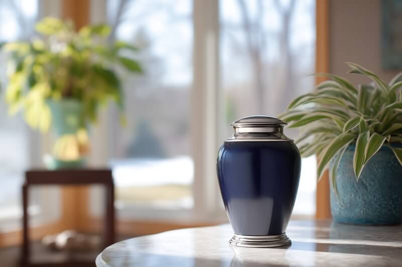 Navy urn with silver trim for Hoffman Estates, IL Cremation Services on a bright indoor tabletop