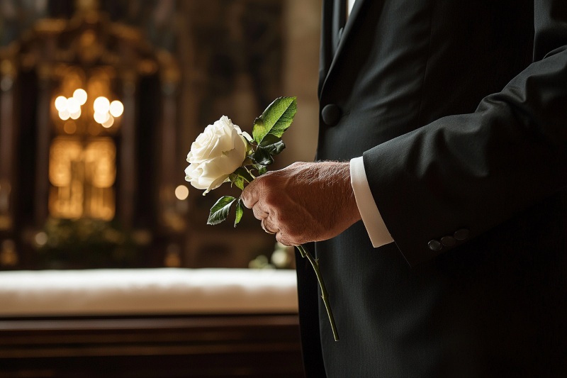 White rose in hand for Schaumburg, IL Funeral Services in a softly lit chapel setting