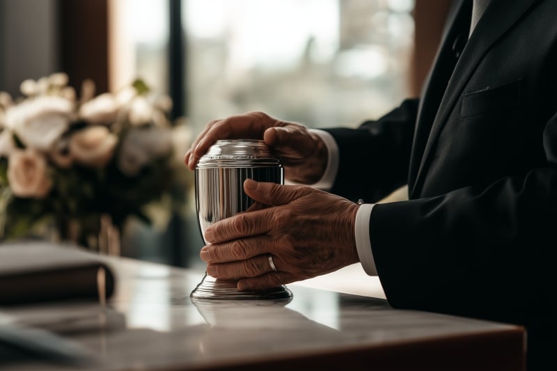 Silver urn in hand for Schaumburg, IL Cremation Services in an elegant indoor memorial setting