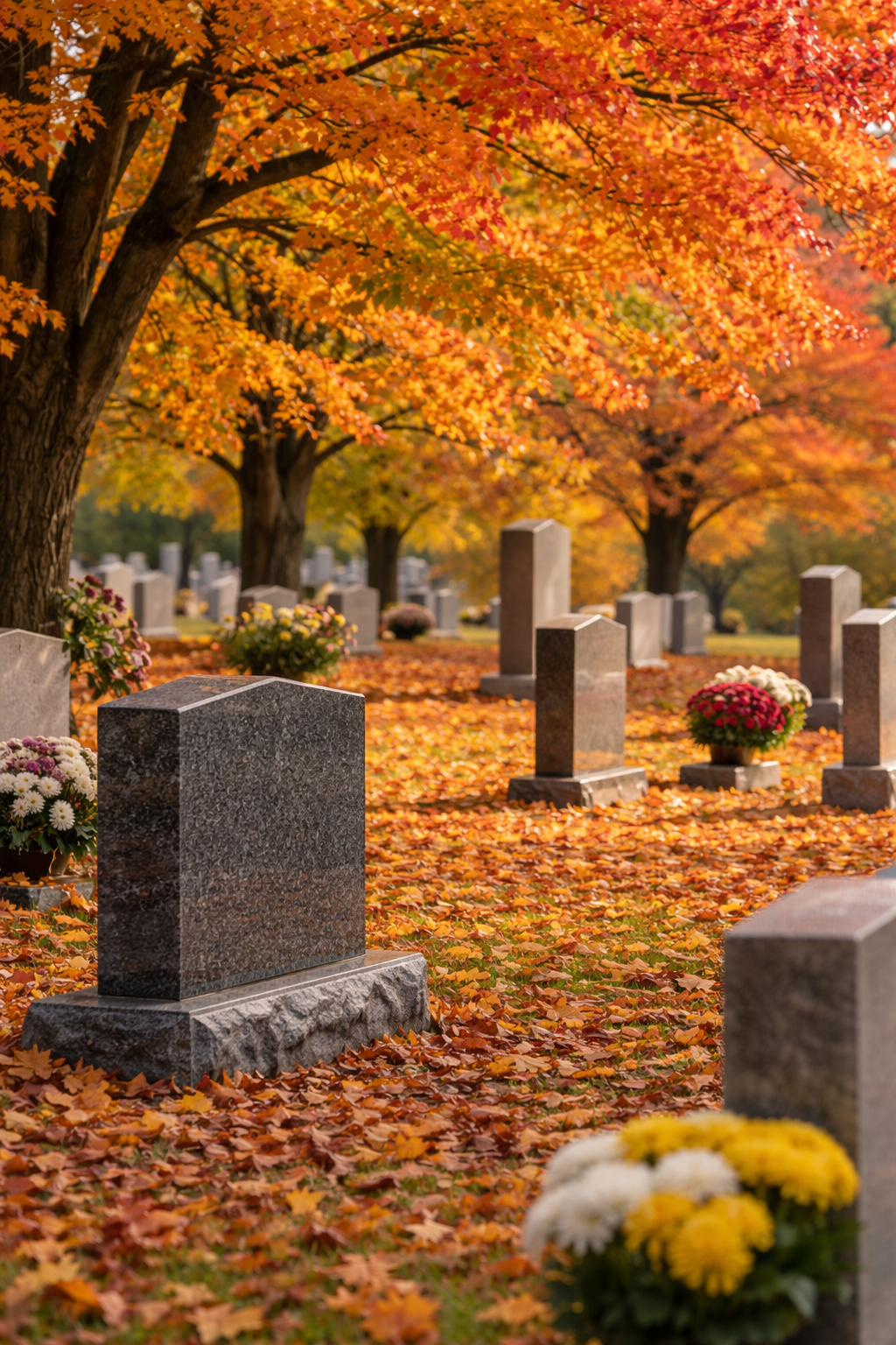 Cemetery monuments in Albany NY during fall season
