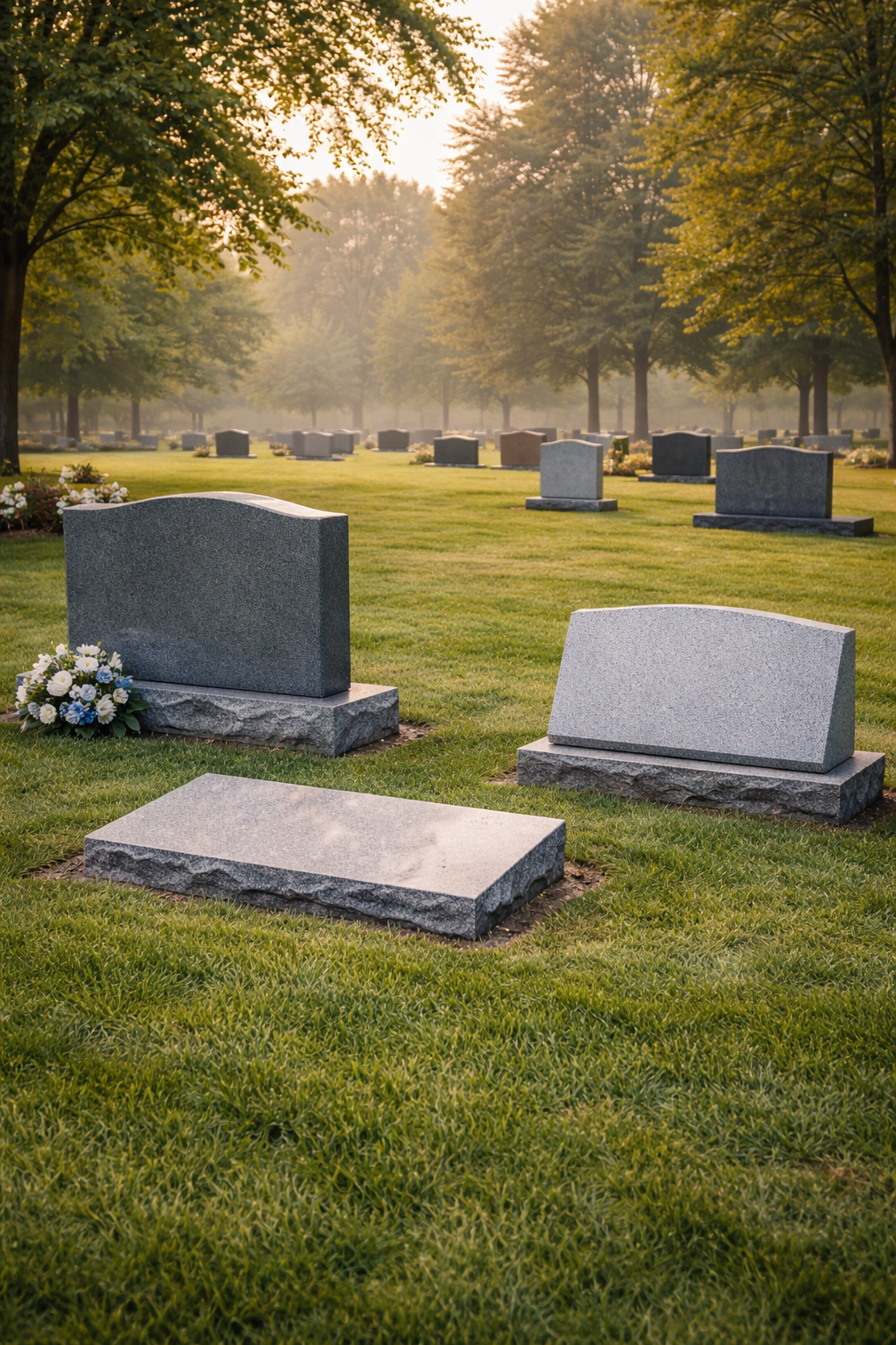 Upright headstones, flat markers, and slant markers side-by-side Delmar NY