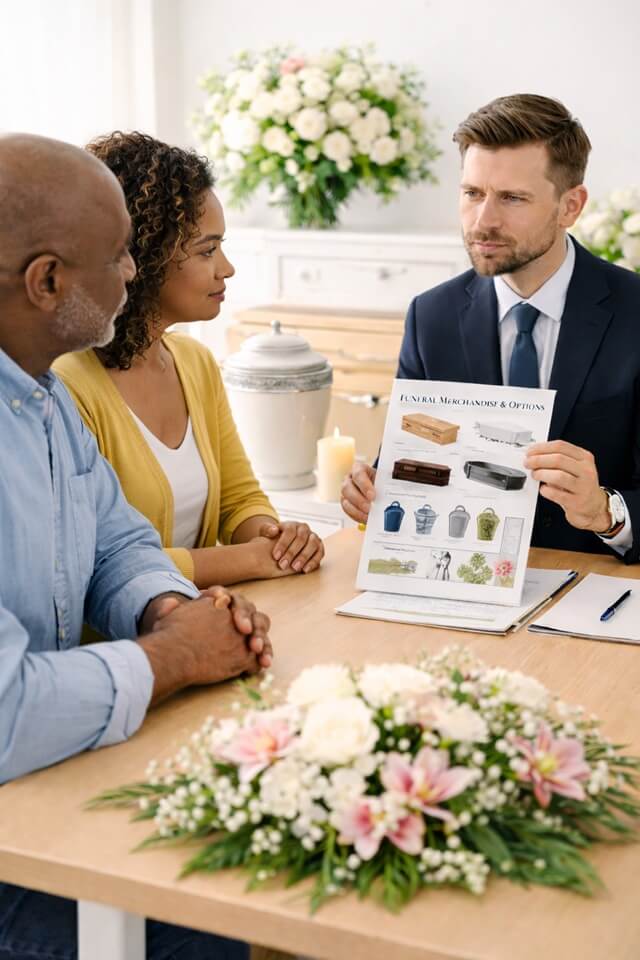 a couple deciding between a funeral and cremation service