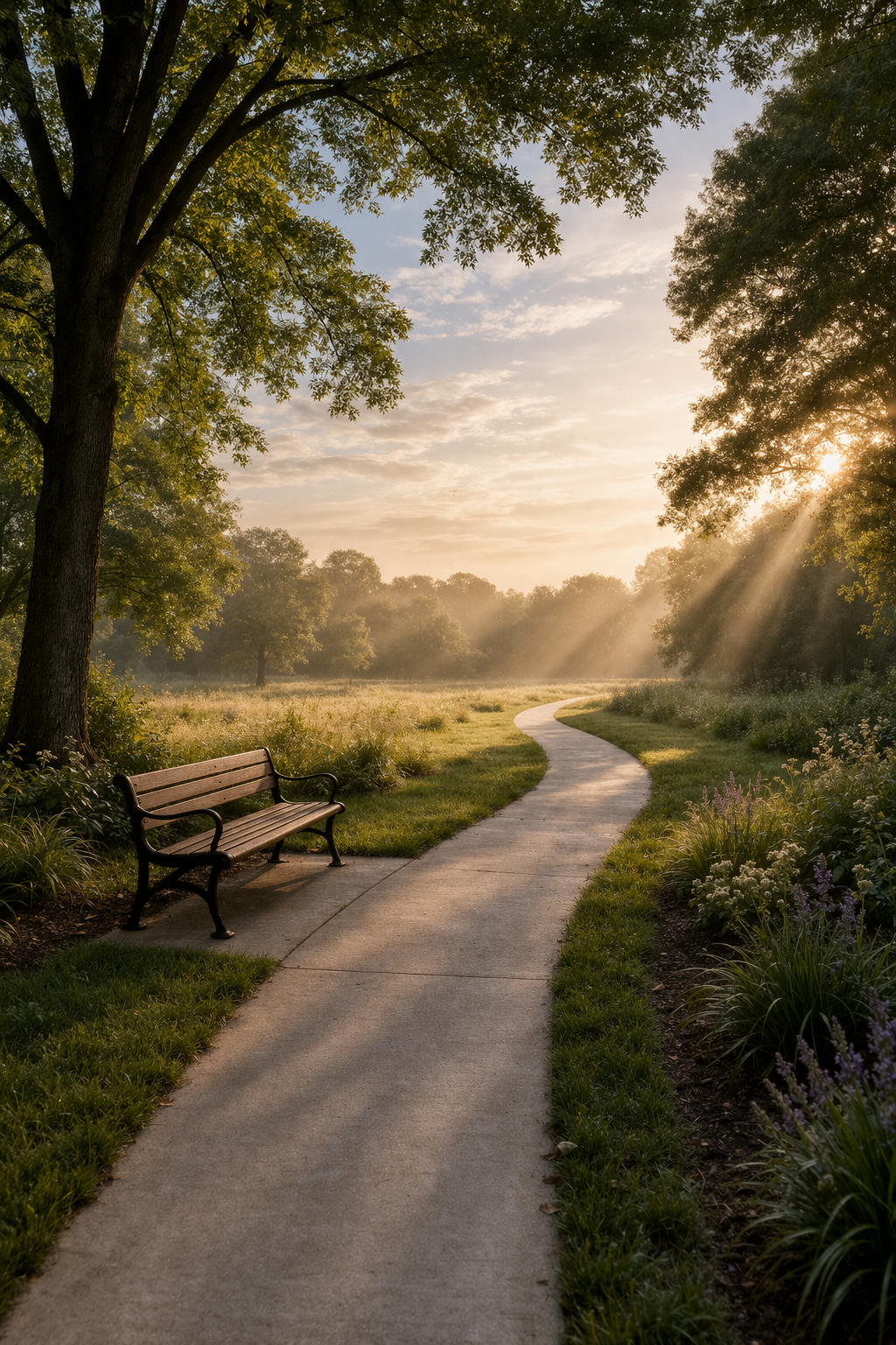Misty park path at golden hour in South Coffeyville OK