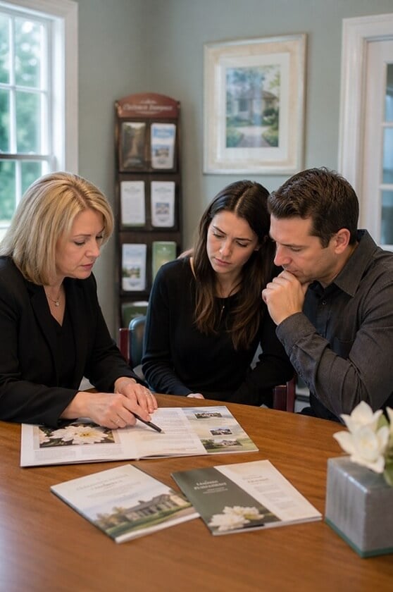 a couple focused on making funeral arrangements for a loved one in Maple Shade, NJ