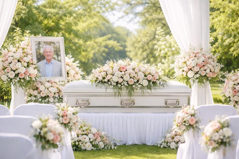 a casket with lots of flowers for a funeral service