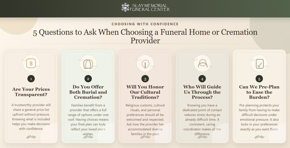 5 Questions to Ask When Choosing a Funeral Home or Cremation Provider in Prosper, TX Infographic