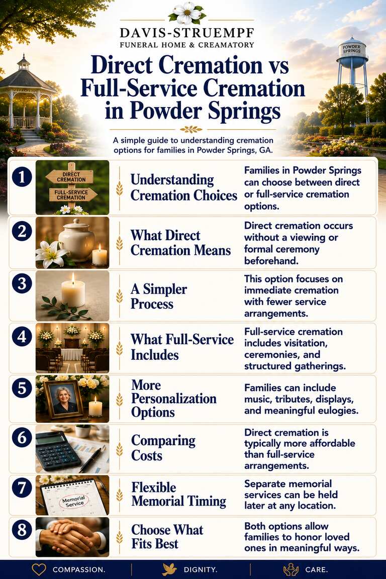 Direct Cremation vs Full-Service Cremation in Powder Springs infographic