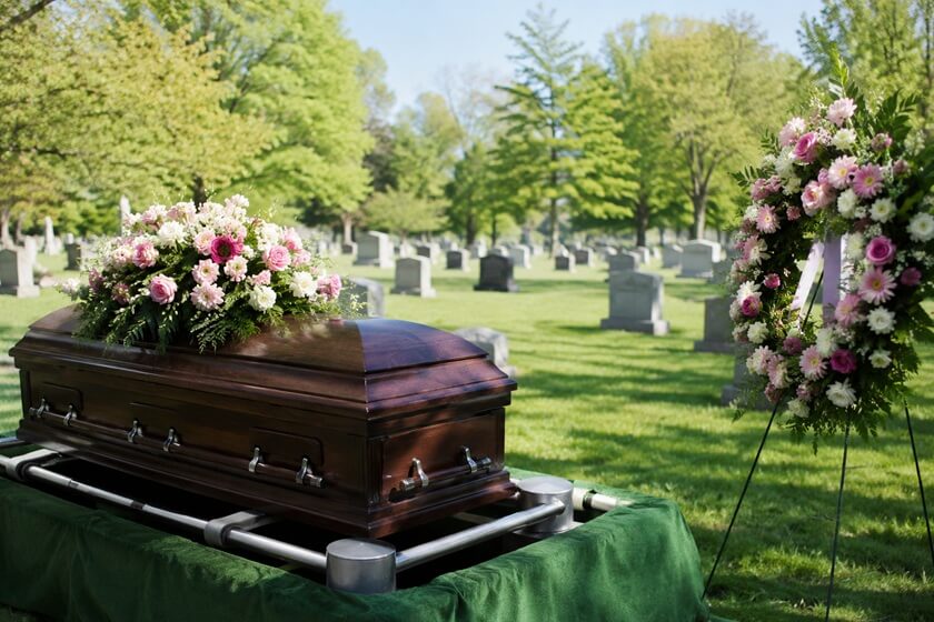 a funeral casket with flowers for a graveside service in Covington, LA