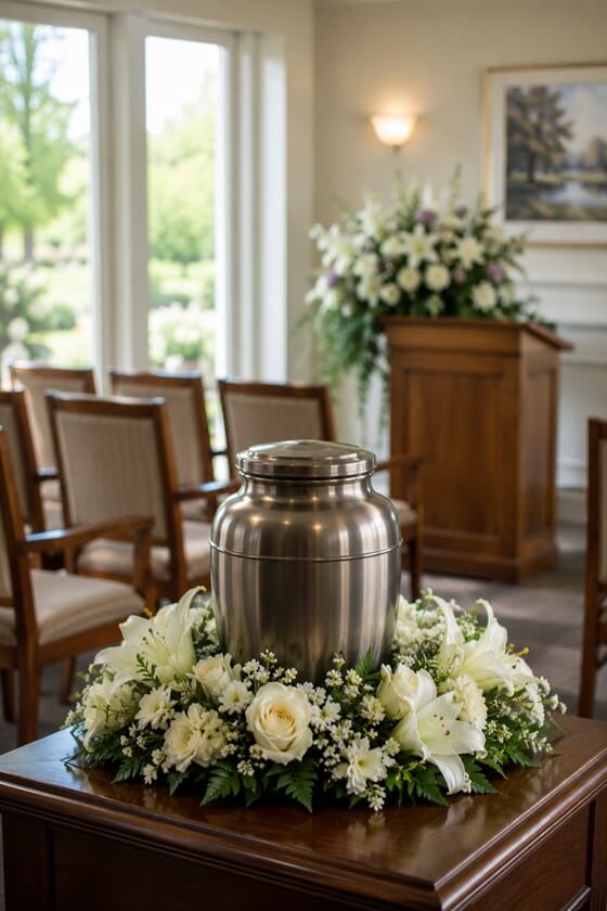 a serene memorial display after a cremation service in Mandeville, LA