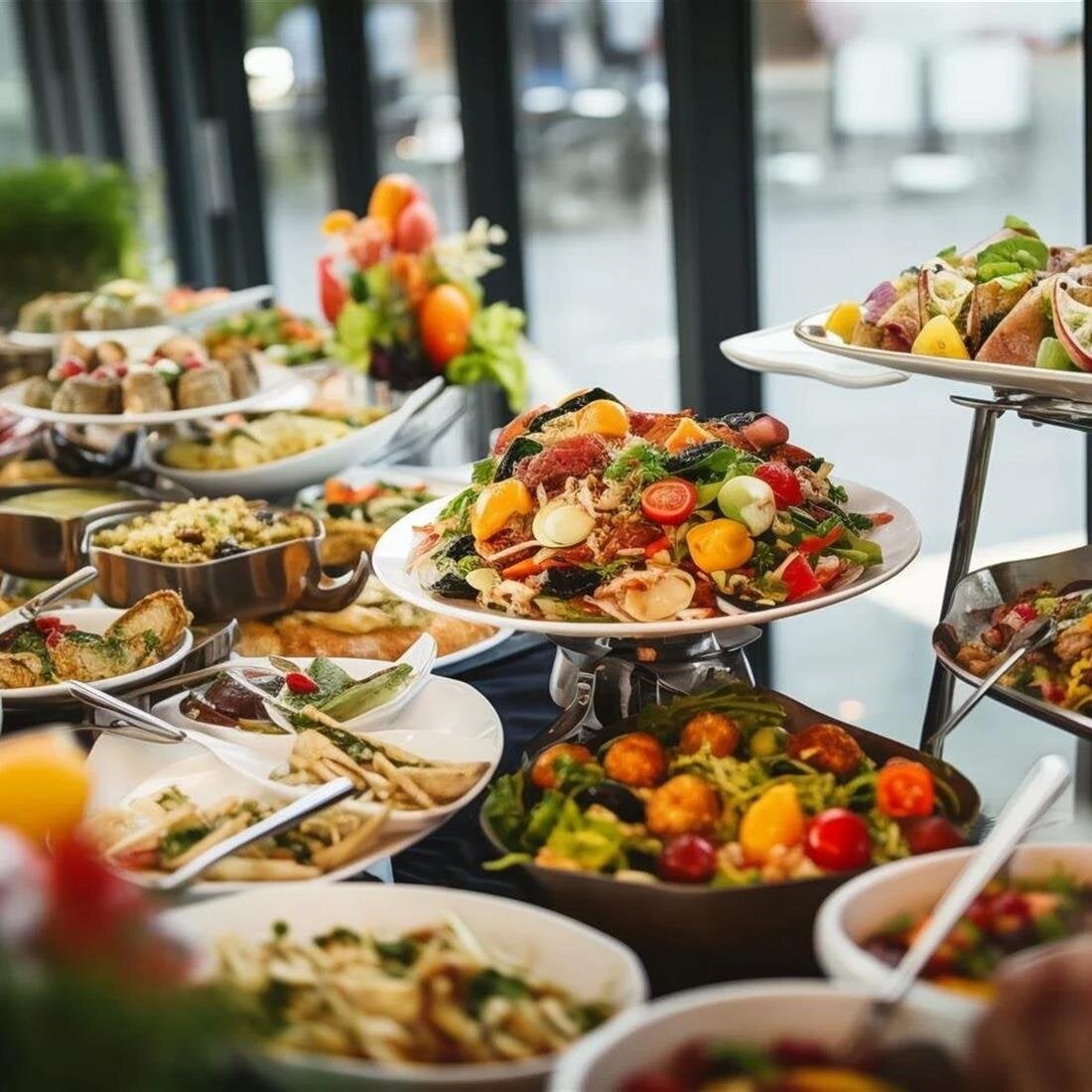 A buffet table full of food