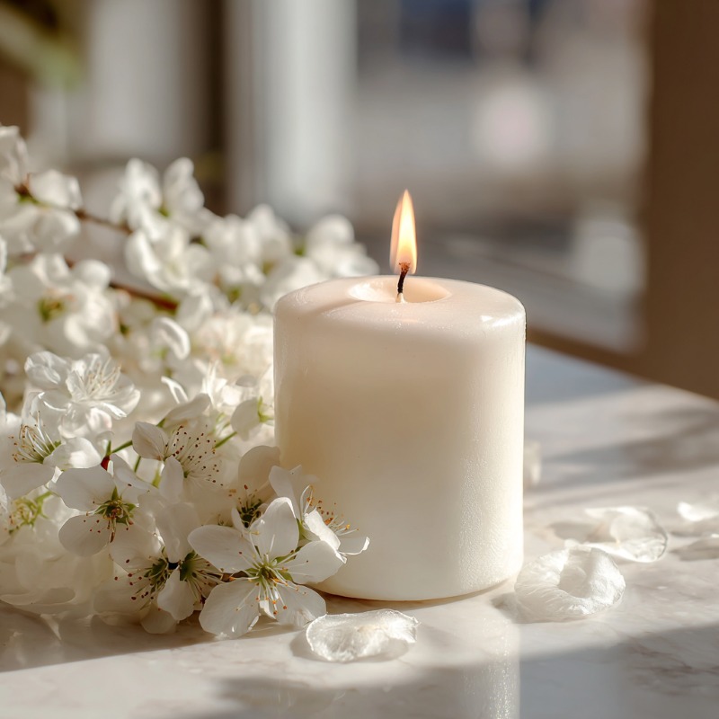 Albany, NY cemeteries memorial candle with white blossoms in soft natural light
