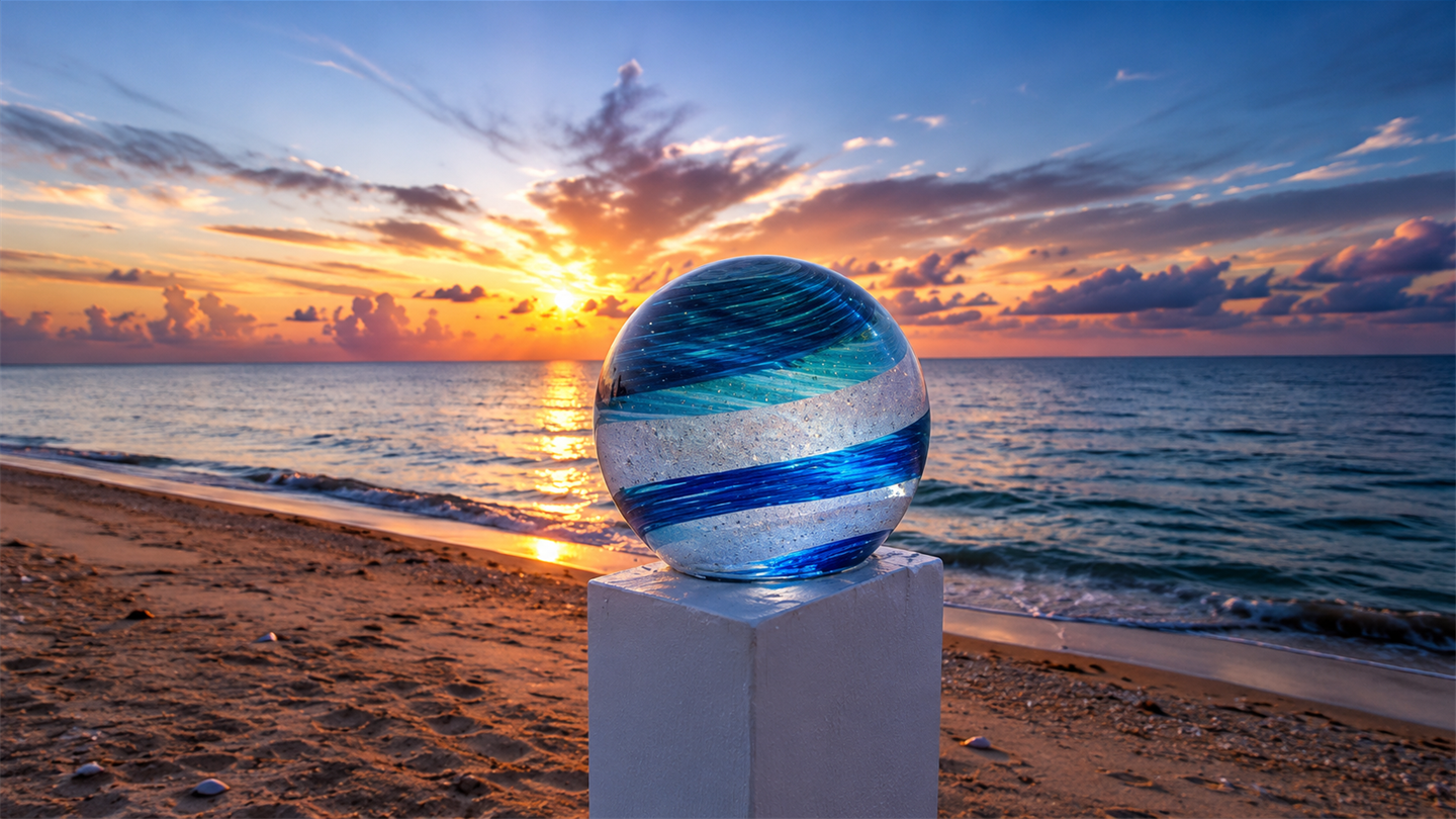 A glass ball on a white block on a beach