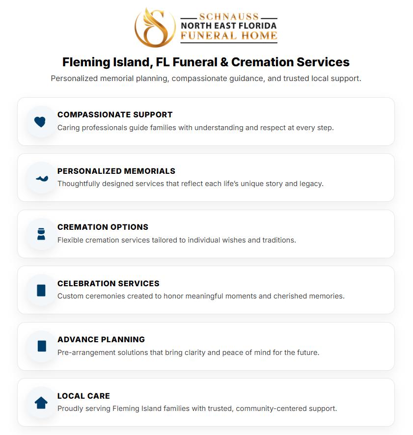 Infographic for funeral home and cremations Fleming Island, FL featuring compassionate support, personalized memorials, cremation options, and advance planning.