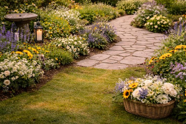 Peaceful garden pathway lined with colorful flowers and lantern, symbolizing serene memorial services from a trusted funeral home and cremations Fleming Island, FL provider.