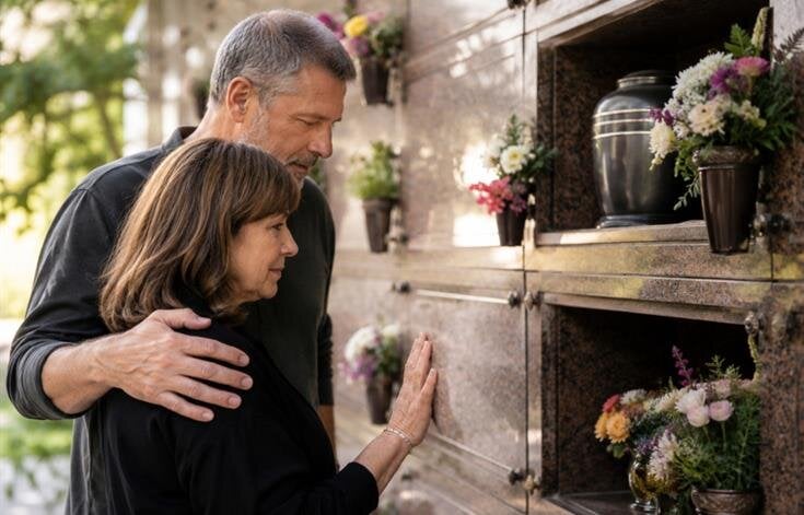 A man and woman looking at flowers