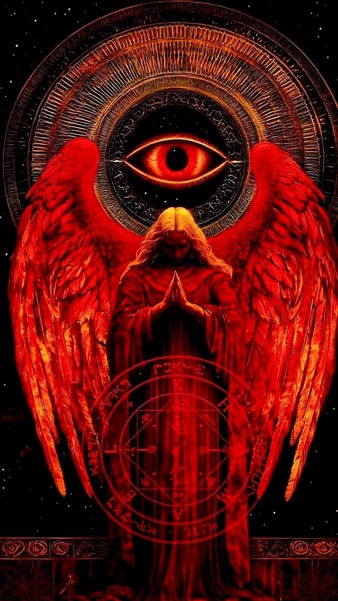 A red angel with wings and a circle with an eye