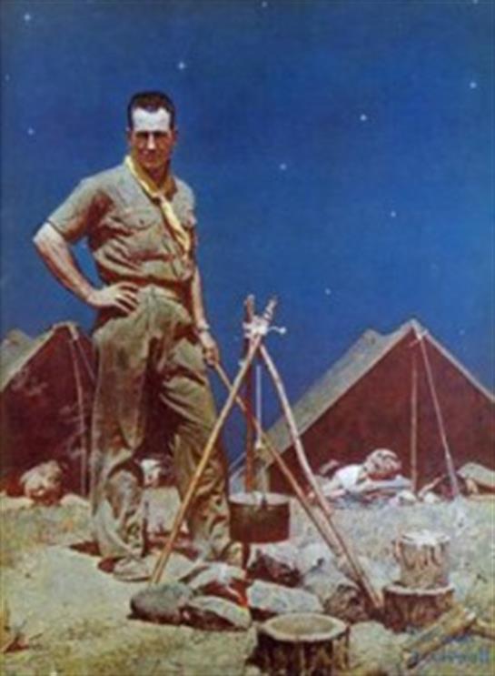 A soldier stands proudly by his tents at twilight, surrounded by the camp.
