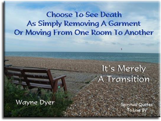 A serene beach setting features a bench and waves, with an uplifting quote on life transitions.