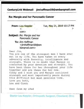 Lou shares a touching note with Jim expressing support for Margie in her fight against cancer.