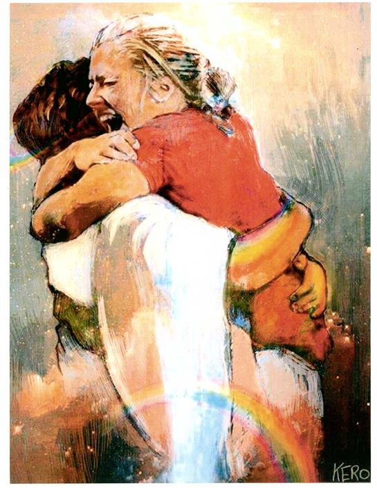 Two friends share a heartfelt embrace, expressing joy and relief after a long separation.