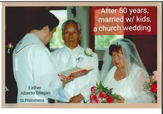 A couple renews their vows in a church ceremony, celebrating 50 years of love and commitment.