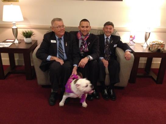 Three suited men sit with a dog in a pink outfit, enjoying their time together.
