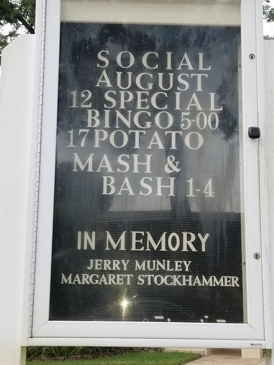 Community social on August 12 includes bingo at 5 PM and a potato mash event from 1 to 4 PM.