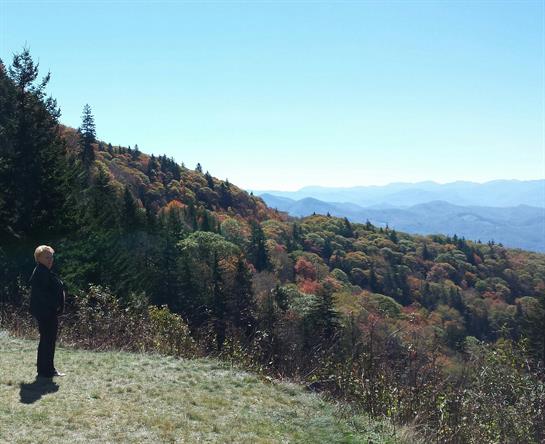 A person enjoys stunning views of colorful foliage and peaks from a high vantage point.