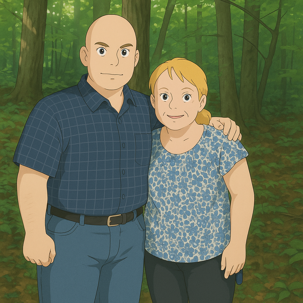 A man and woman pose happily together in a forest, surrounded by vibrant greenery and sunlight.