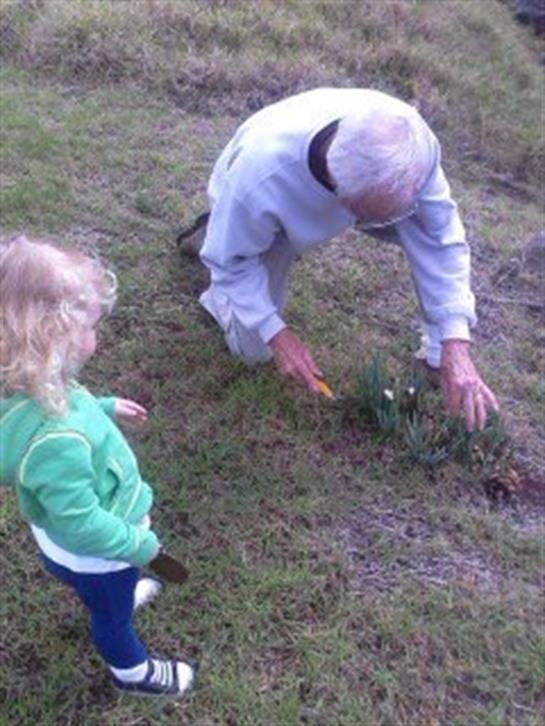 A child watches as an older man carefully tends to flowers in a grassy area.