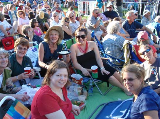 Friends gather on blankets and chairs, enjoying food and drinks during a vibrant outdoor concert.