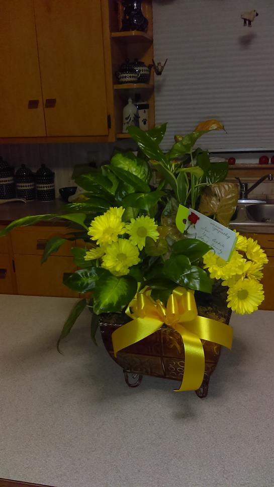 Vibrant yellow flowers and lush greenery are displayed in a decorative basket on a kitchen counter.