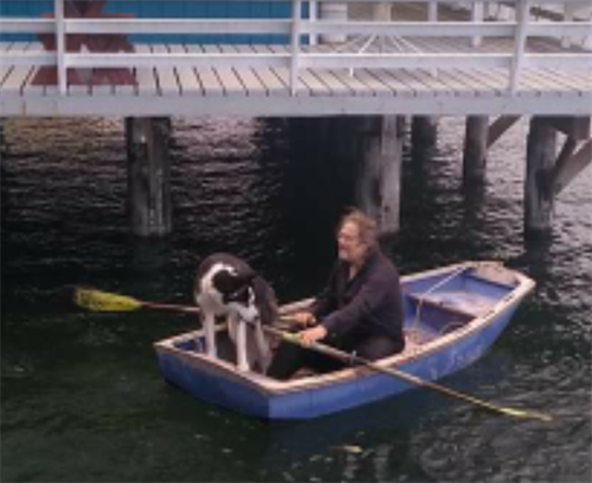 A man and his dog are sitting in a small blue boat, gliding across calm water, enjoying the day.