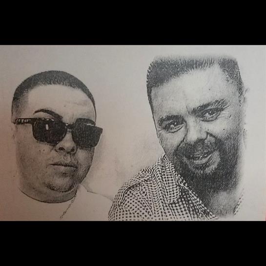 Two friends are depicted in a detailed pencil sketch, showcasing their relaxed expressions.