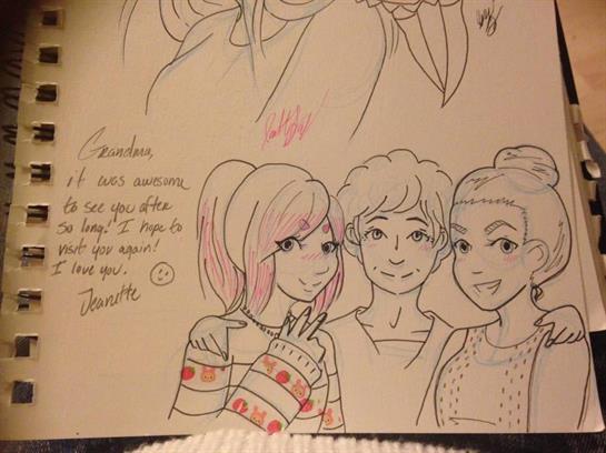 Three friends pose playfully in a sketch, each displaying distinct hairstyles and outfits.