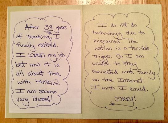 A retired teacher shares 39 years of joy, tech struggles, and family connections.