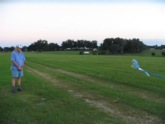 A boy joyfully pilots a remote-controlled airplane across a lush green field as the sun sets.
