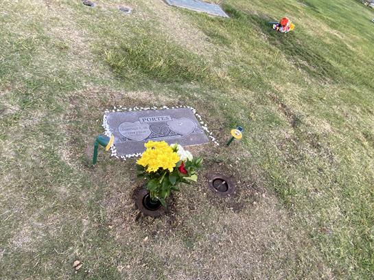 Colorful flowers placed at a grave in a peaceful cemetery, surrounded by green grass.