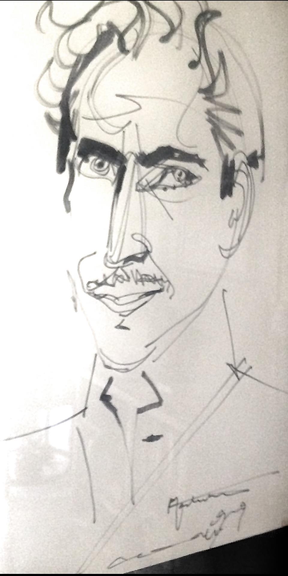 A sketch depicts a man with an intense expression, highlighting his features and contours.