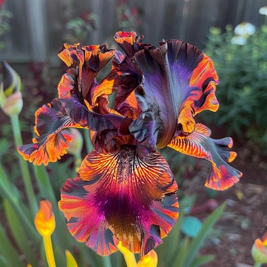A striking iris flower with vivid purple, orange, and black petals stands in a garden setting.