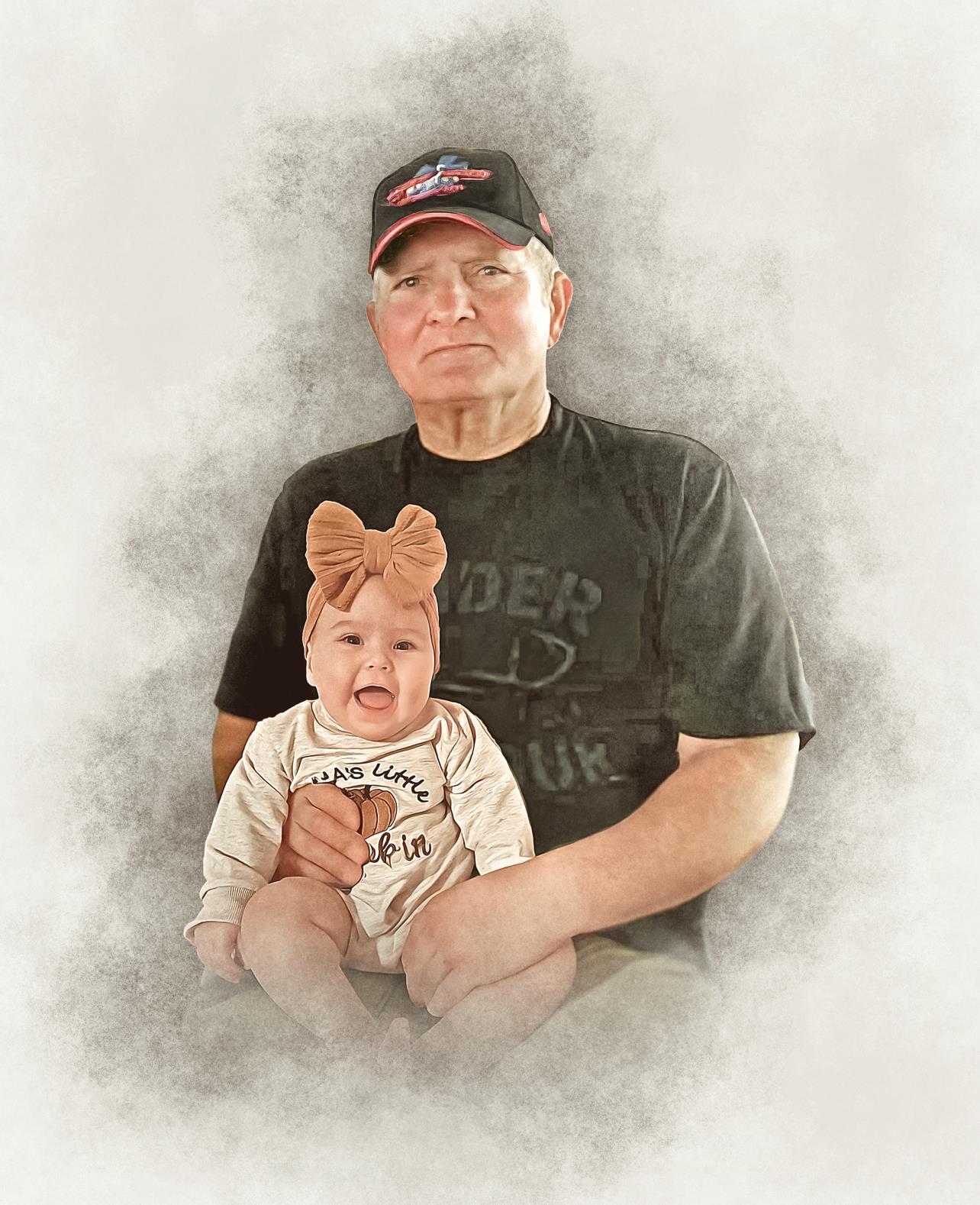 A grandfather holds his smiling granddaughter in his lap, both looking happy and affectionate.