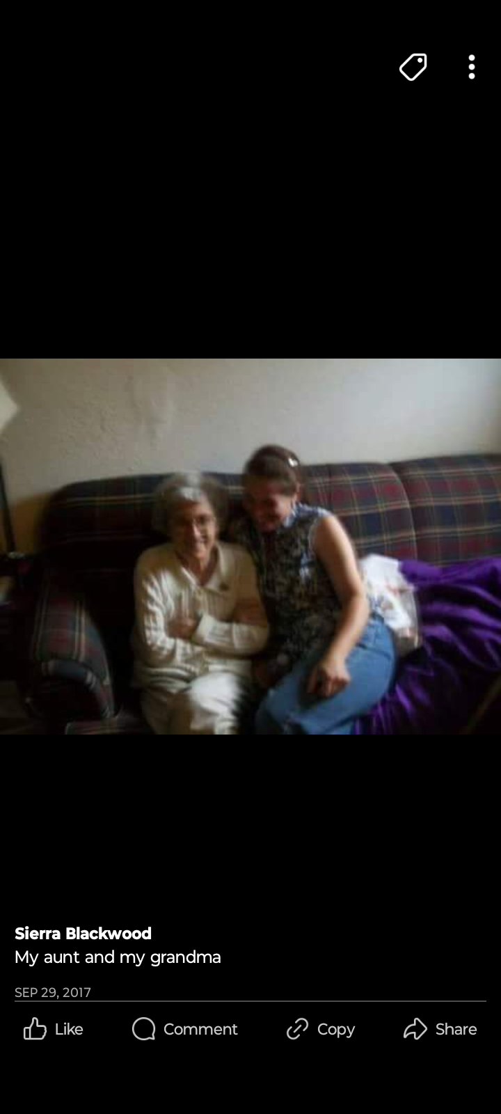 Grandmother and granddaughter share a joyful moment on a couch during a family visit.