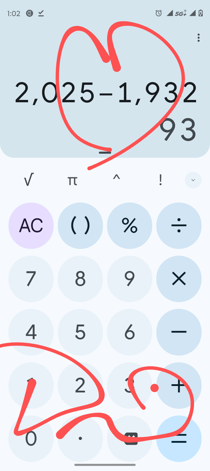 A smartphone calculator shows the calculation 2025 minus 1932 with expressive markings.