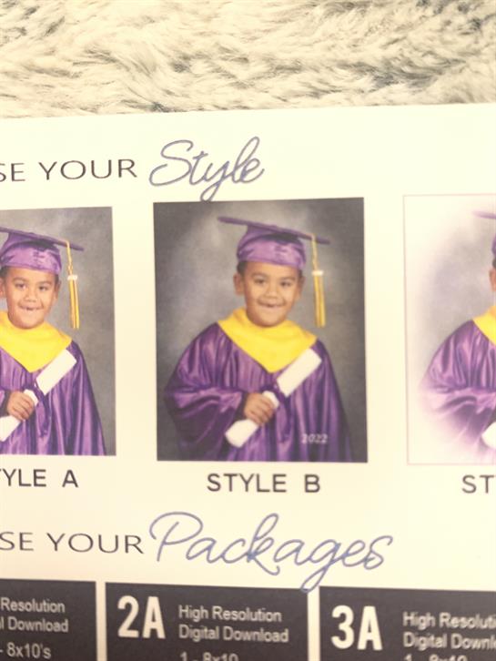 Child wearing graduation gown and cap poses happily for three school portraits, holding a diploma.