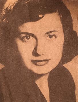 A young woman with curly hair gazes into the camera, embodying the classic style of the 1940s.